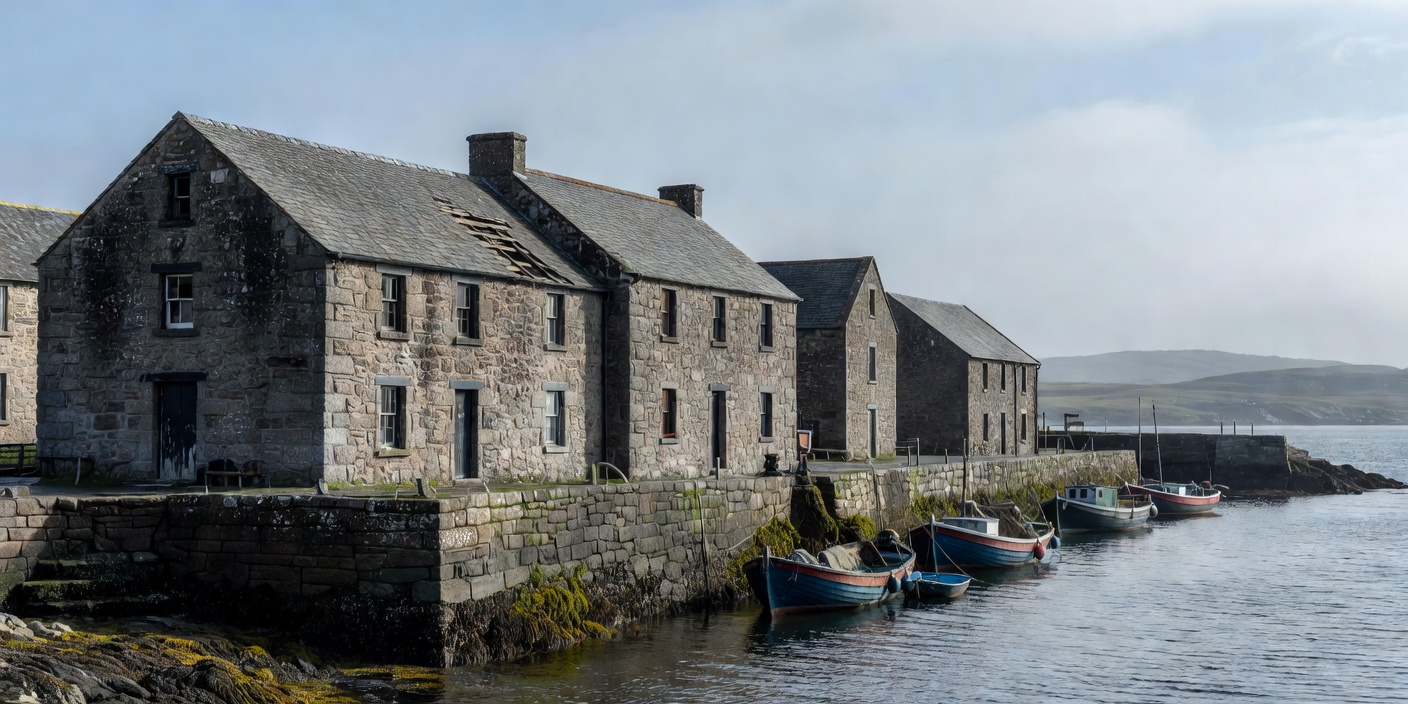 Stone warehouse buildings beside Campbeltown harbour on the Kintyre peninsula