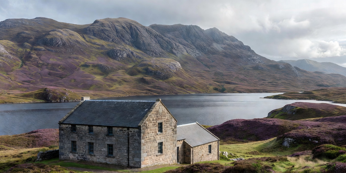 A Highland loch and mountain slopes behind a stone distillery building