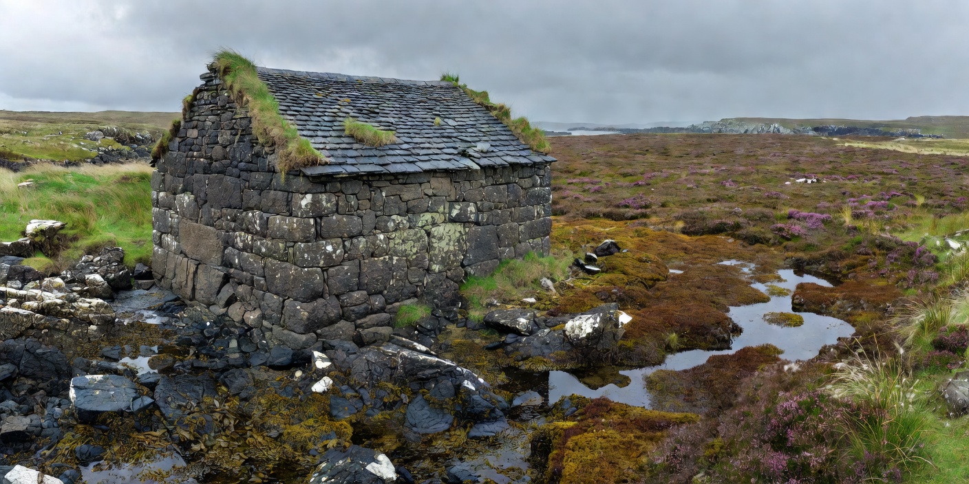 A stone warehouse beside Islay’s rocky coast with peatland beyond