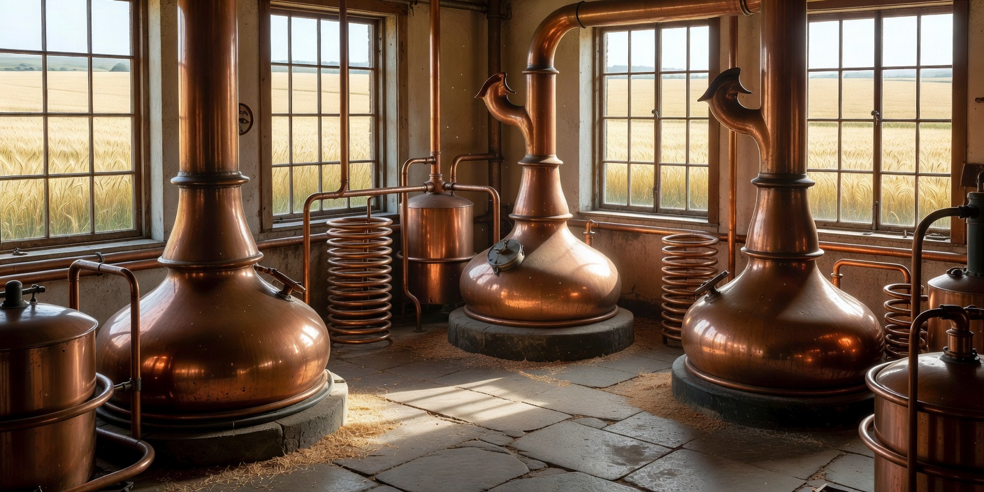 Copper pot stills inside a Lowland distillery with barley fields visible through the windows