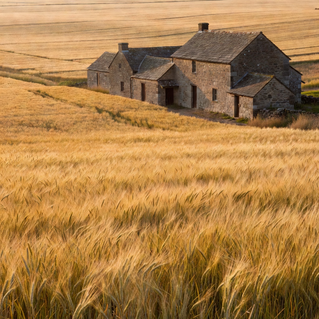 Lowland barley fields beside traditional stone agricultural buildings