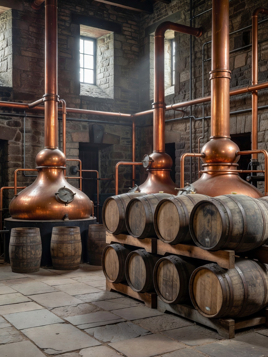 Copper pot stills and oak whisky casks in a stone-walled distillery interior