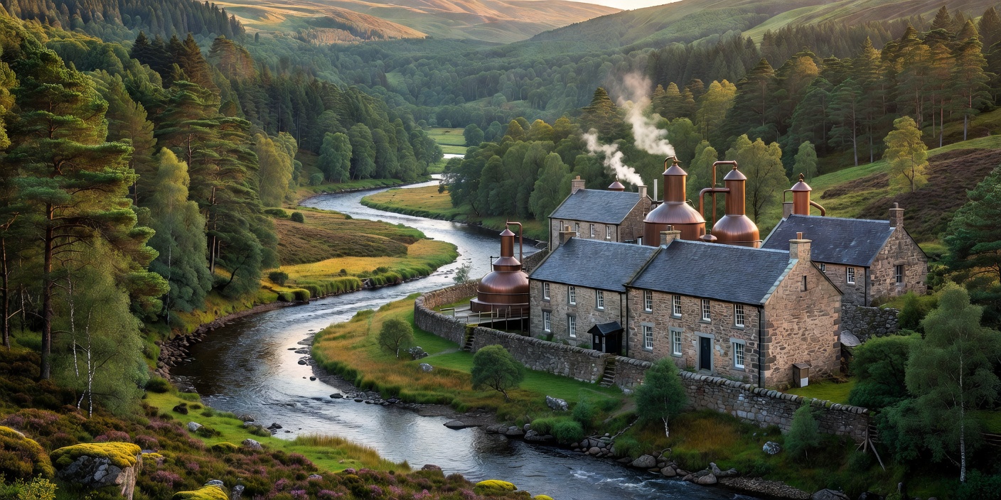 Wooded Speyside river valley with traditional stone distillery buildings in the landscape